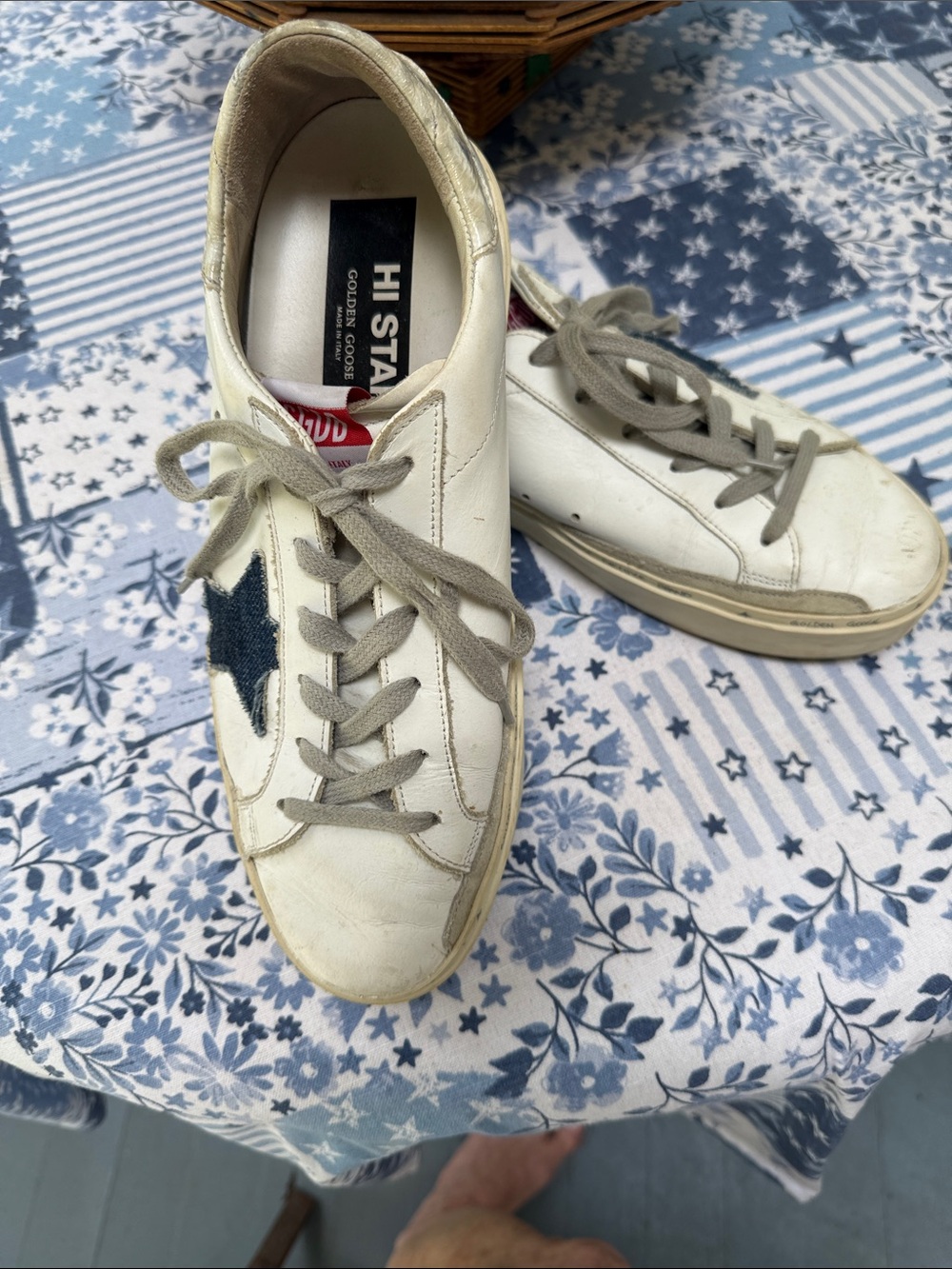 Golden Goose Hi Star White Leather Sneakers with Navy Denim Star Size 40